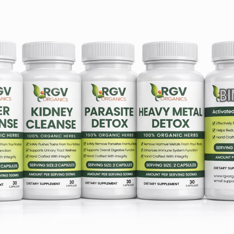 RGV Organics detox supplement bundle with liver cleanse, kidney cleanse, parasite detox, heavy metal detox, and activated charcoal binder bottles